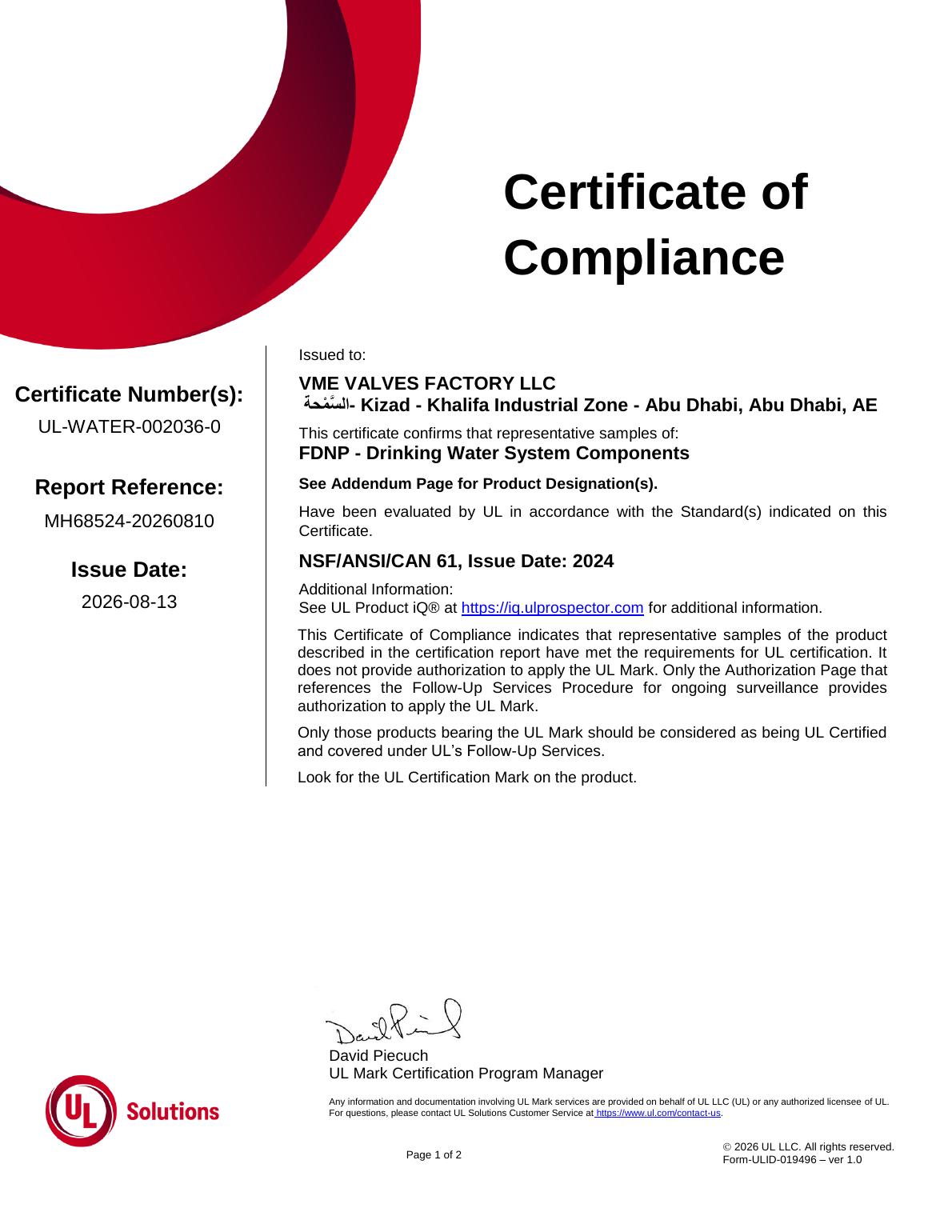 NSF/ANSI/CAN 61 certificate — Drinking water system components — VDB, VRG14, VRG15 and VRG03 valves