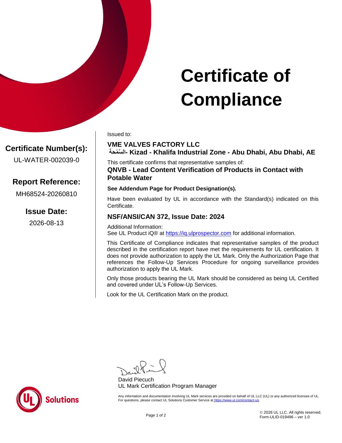 NSF/ANSI/CAN 372 certificate — Lead content verification for products in contact with potable water