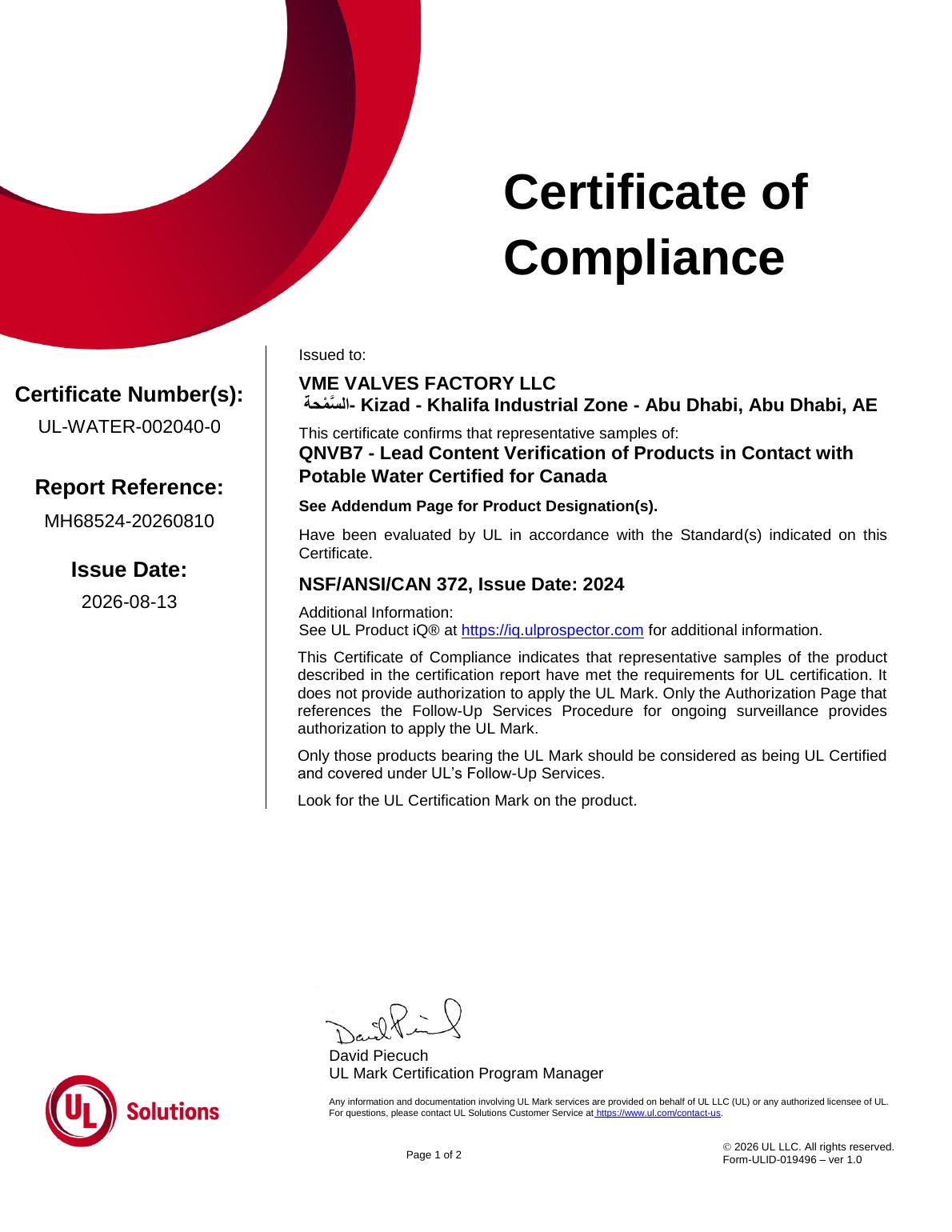 NSF/ANSI/CAN 372 — Canada certificate — Lead content verification for potable-water products certified for Canada