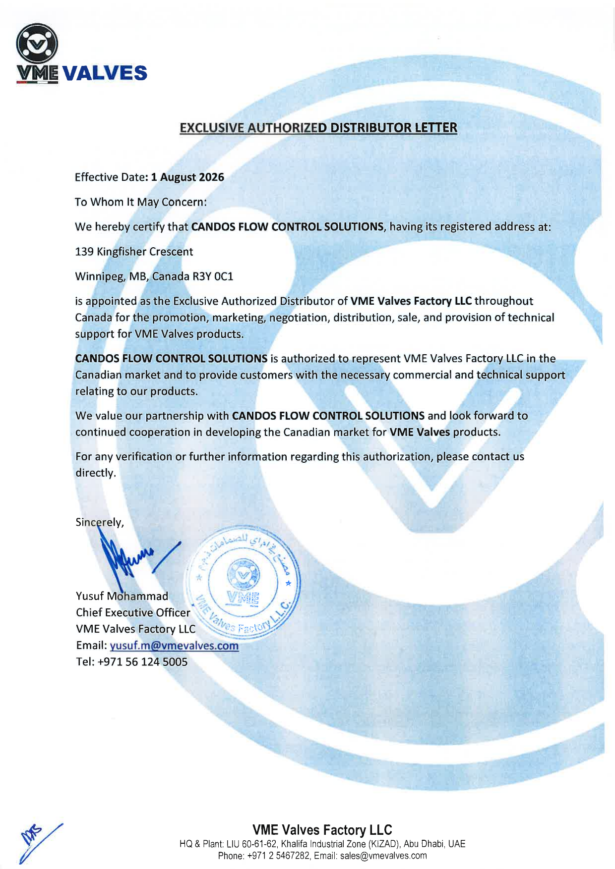 VME Authorization Letter certificate — Exclusive Canadian distributor authorization for VME Valves Factory LLC
