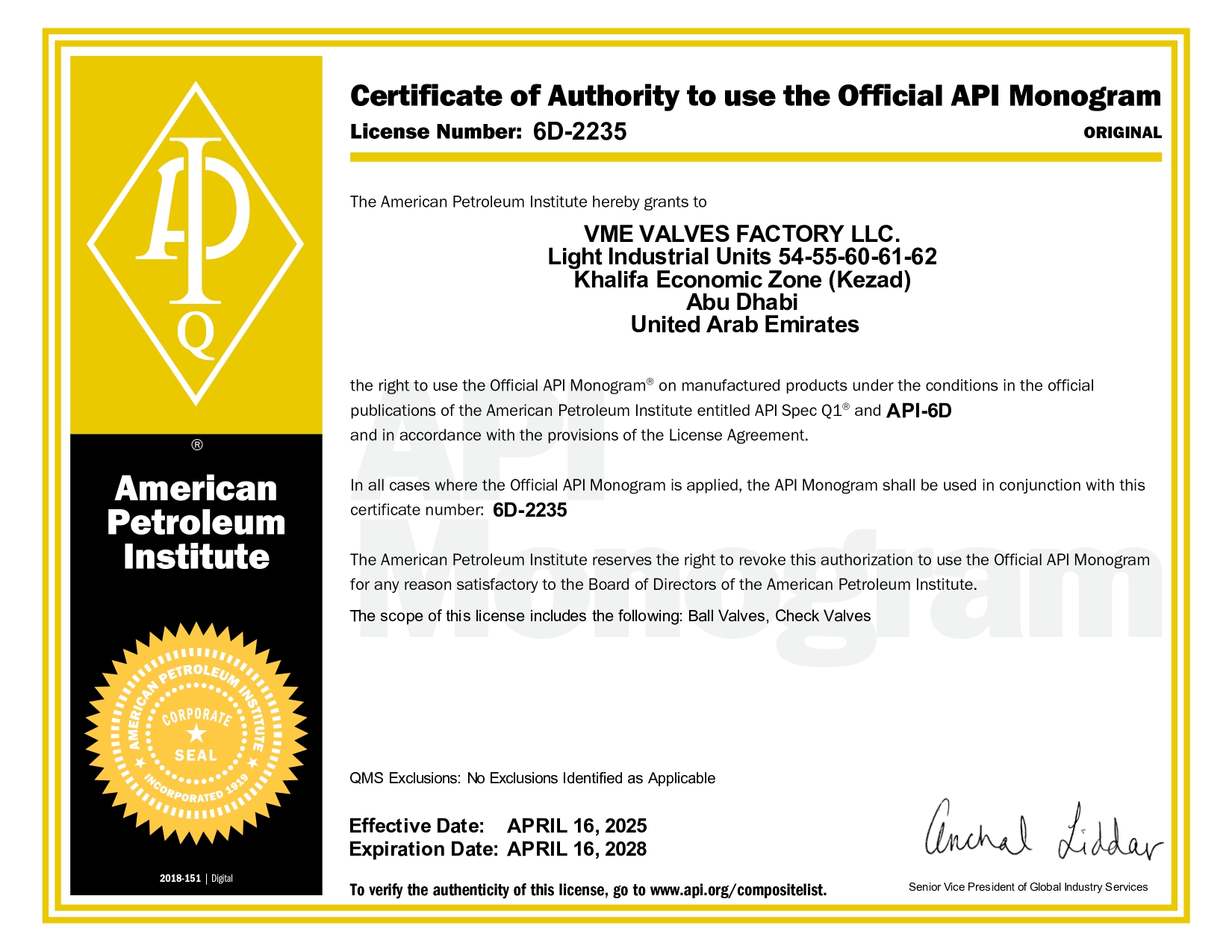 API-6D certificate — Ball Valves, Check Valves