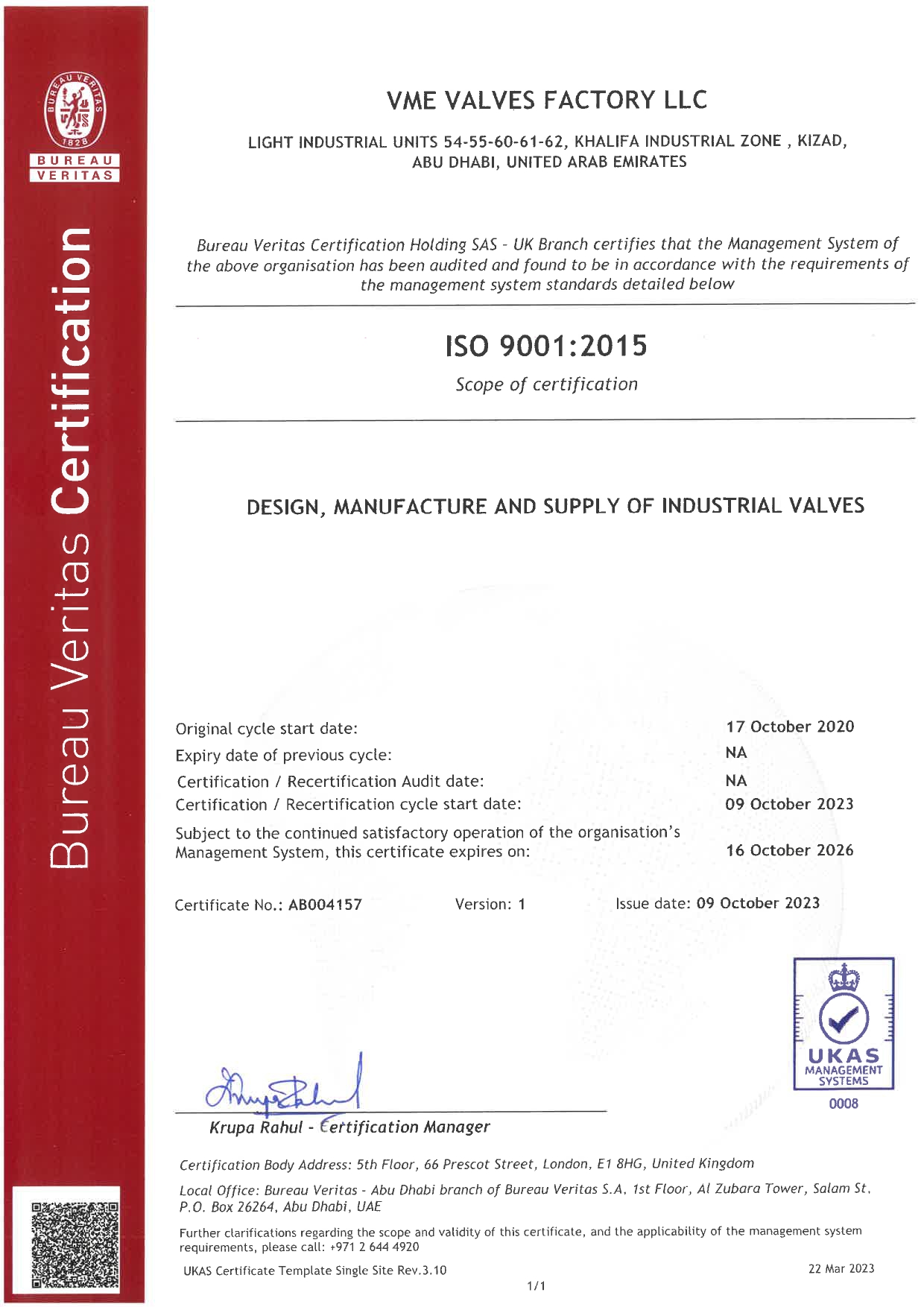 ISO 9001:2015 certificate — Design, manufacture, testing and supply of industrial valves