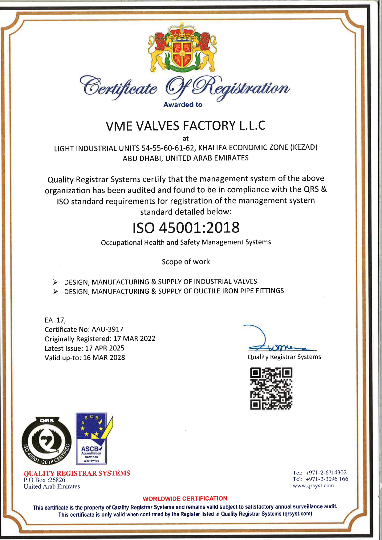 ISO 45001 certificate — Occupational Health & Safety Management System