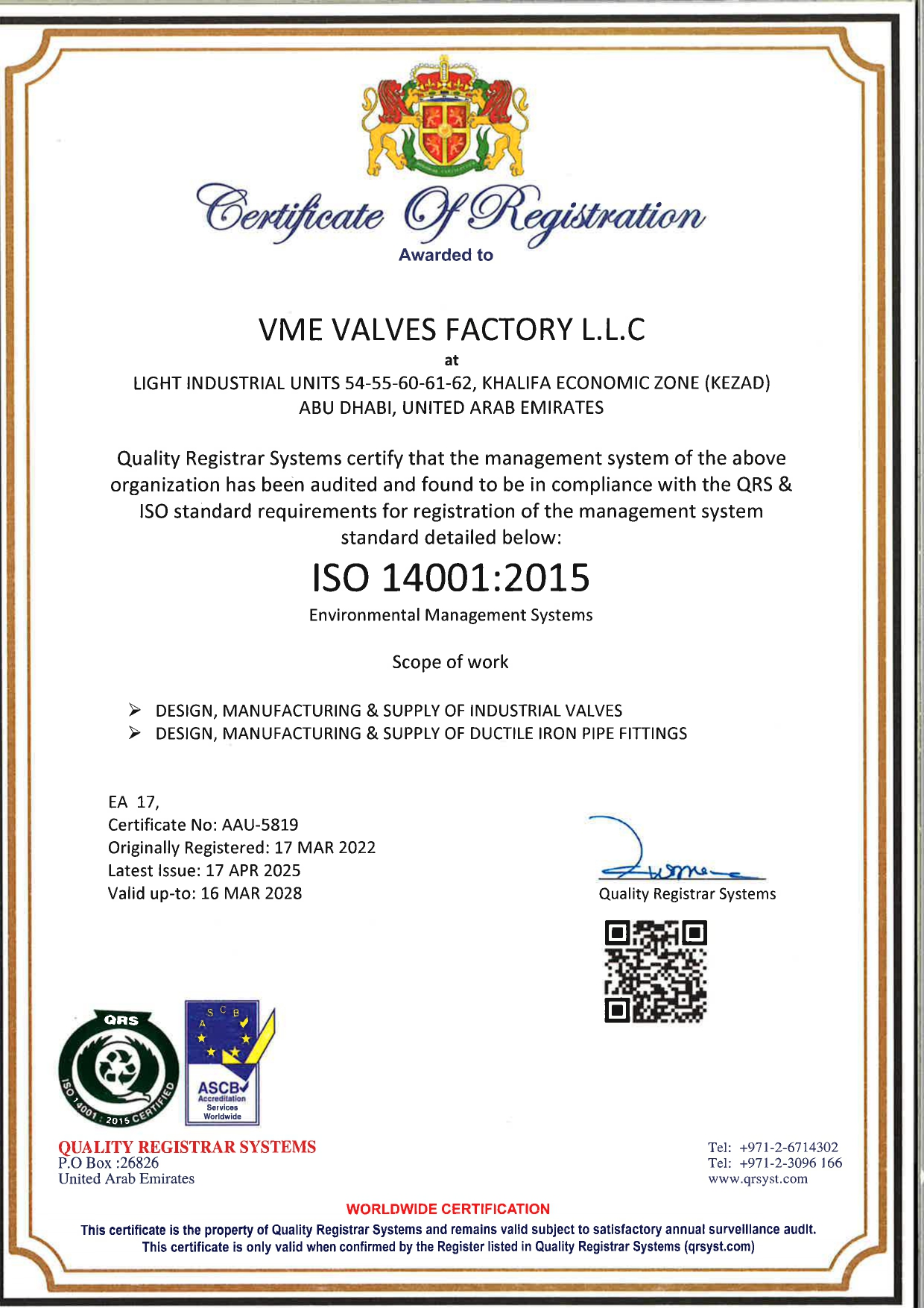 ISO 14001 certificate — Environmental Management System