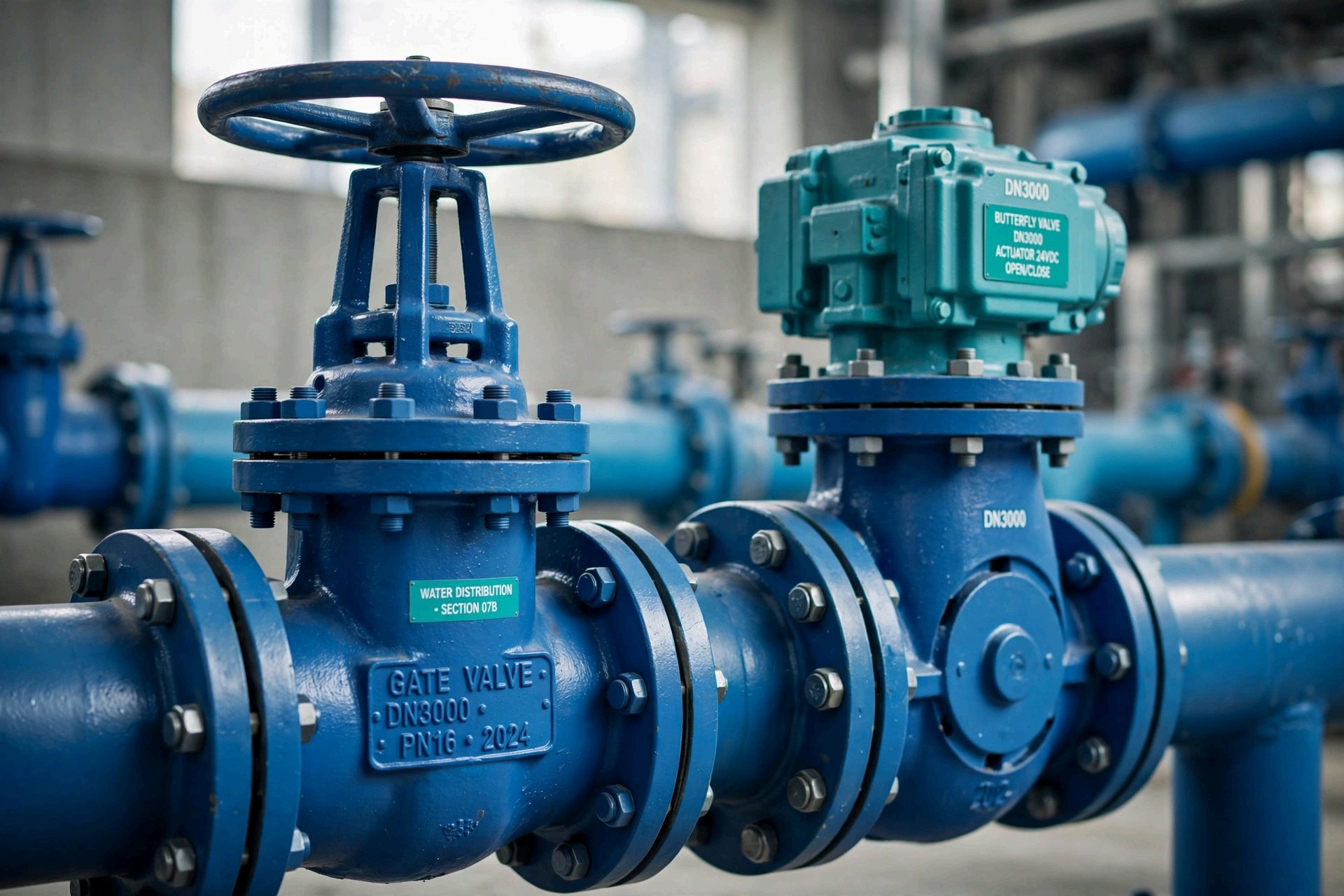 Blue industrial gate and butterfly valves in a water distribution facility